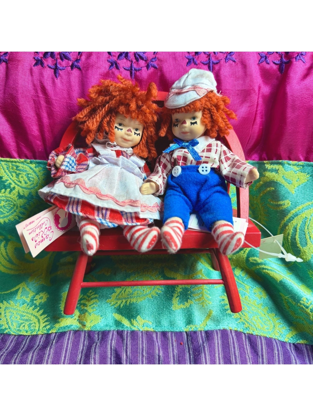 Vintage Raggedy Ann & Andy Mini Porcelain Dolls With Bench